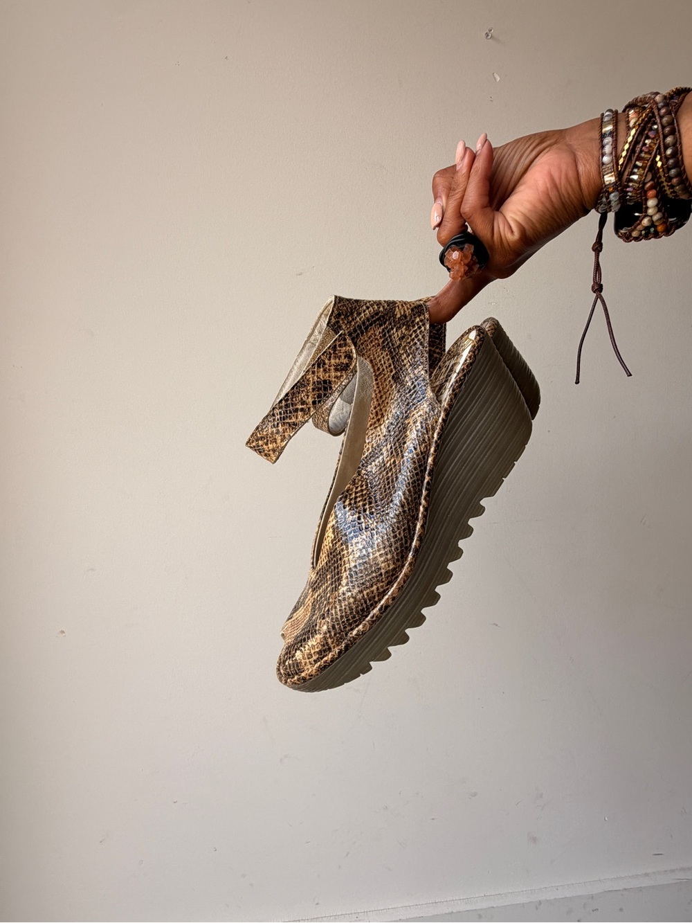 Fly London Brown Snakeskin Platform Slingback Heel